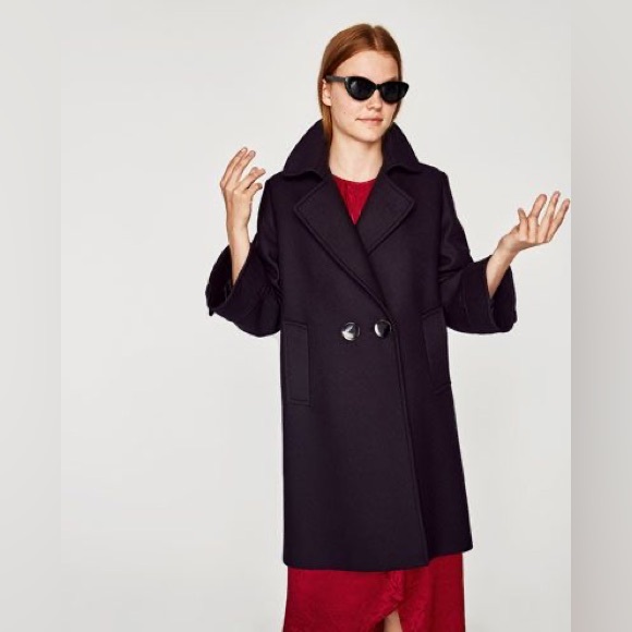 ZARA NAVY BLUE WOOL BLEND DOUBLE BREASTED  COAT BLOGGER FAVOURITE MINIMALIST M - Picture 6 of 16